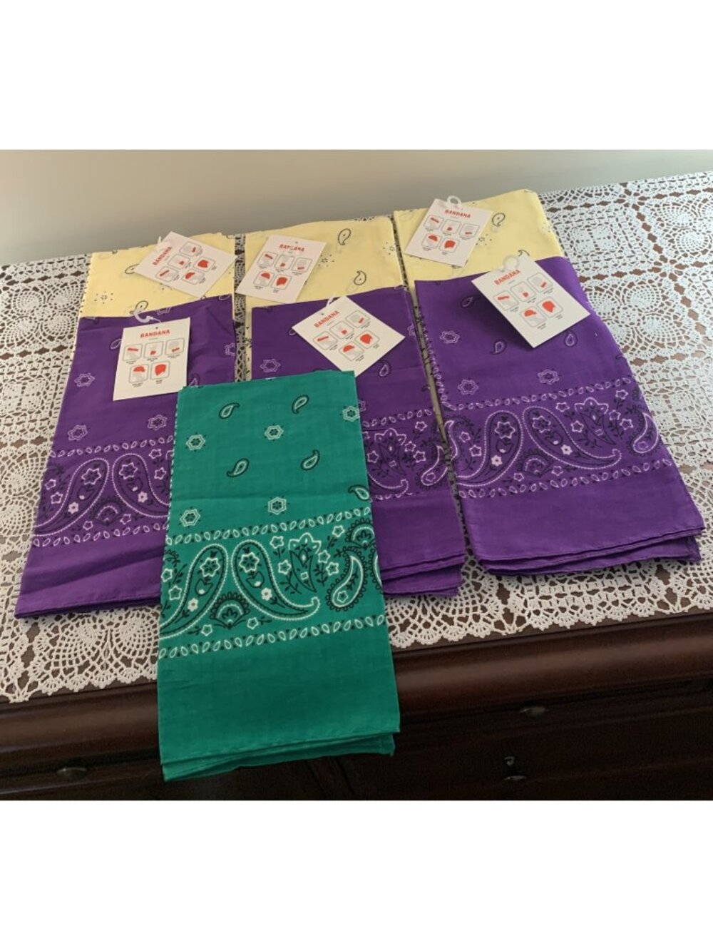 Seven Brand New Traditional Bandanas Purple Yellow 22" x 22" Square Cotton NWT